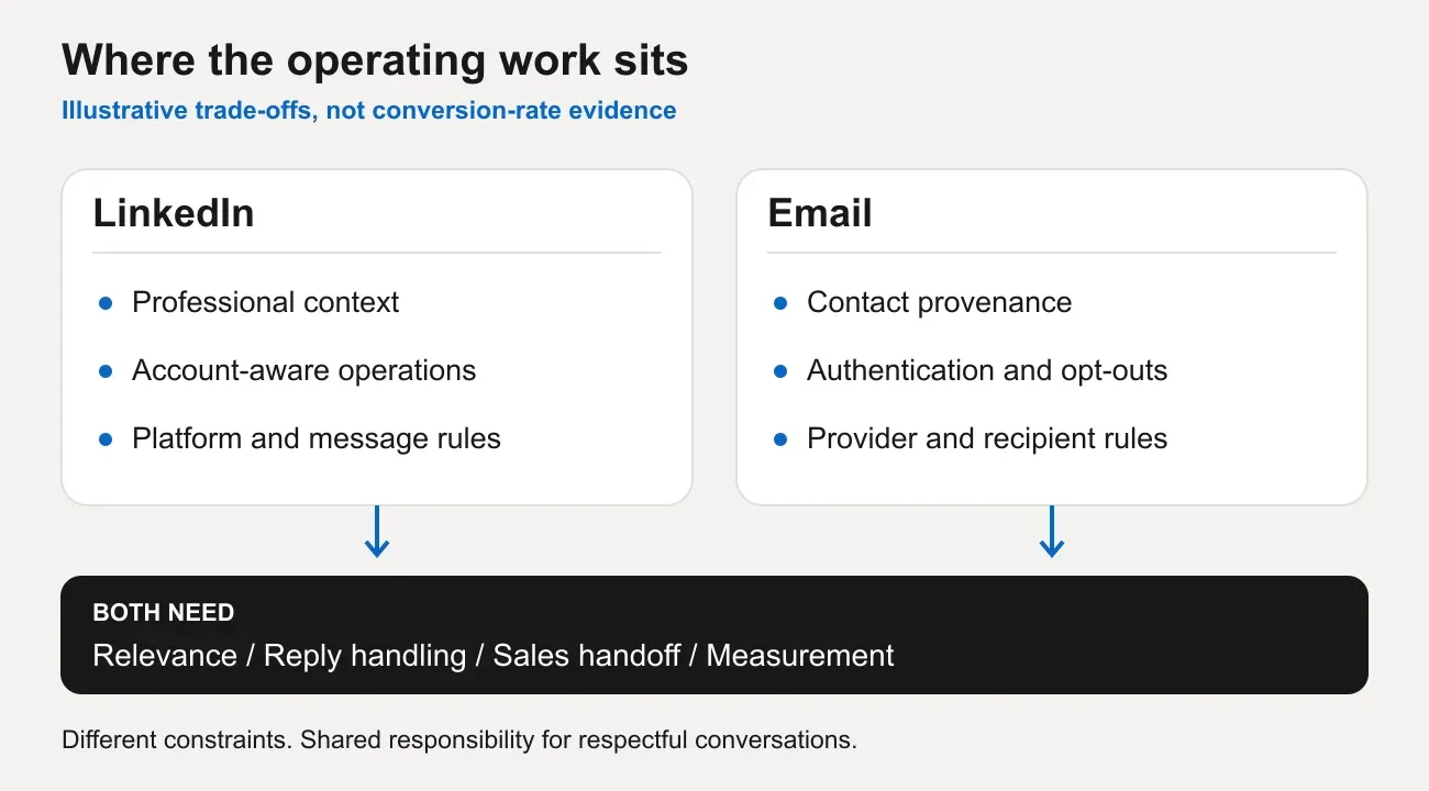 An illustrative channel trade-off graphic: LinkedIn requires professional context and account-aware operations; email requires contact provenance and sender operations; both need relevance, reply handling and measurement.