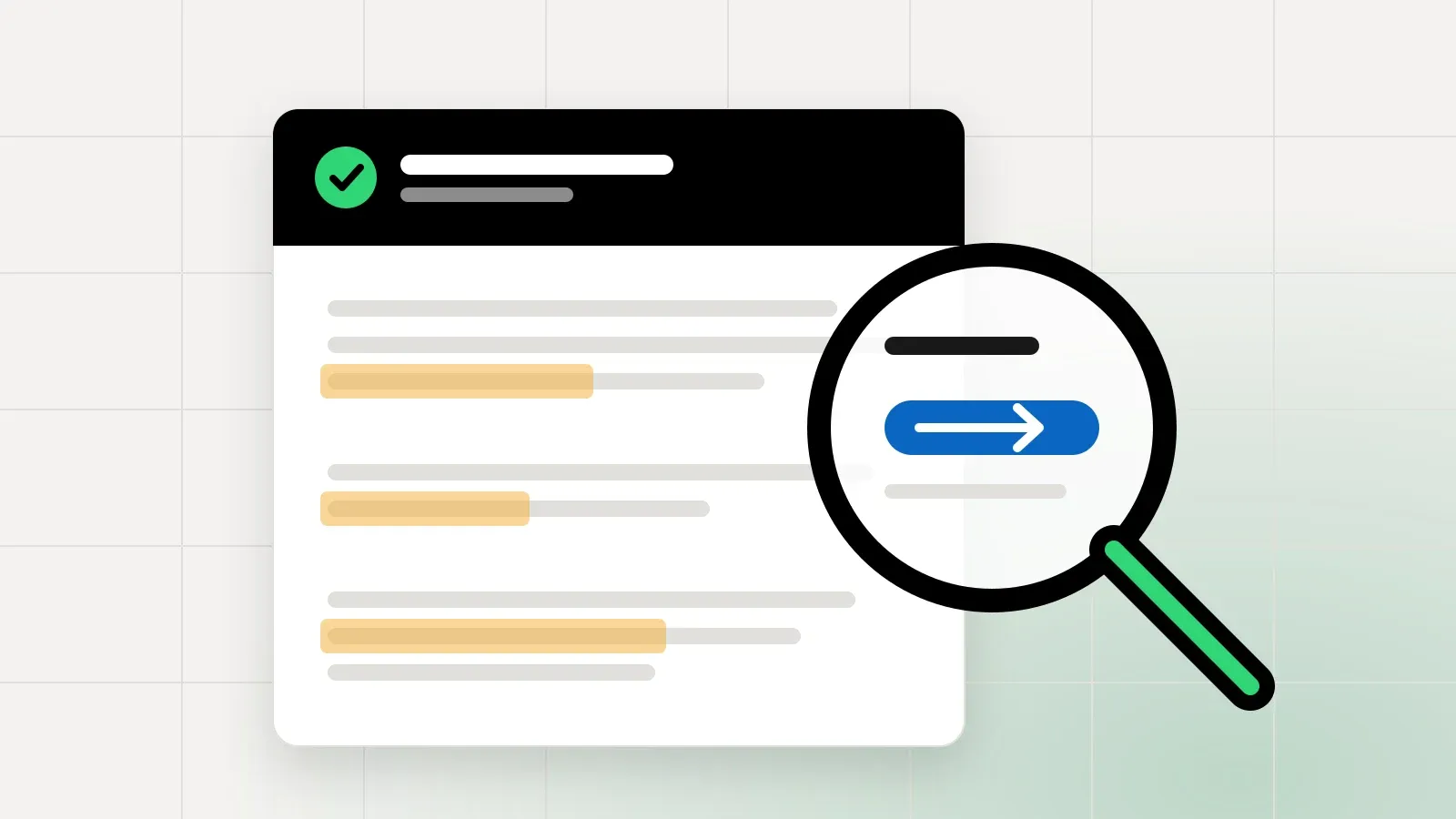 A case study page with three highlighted lines and a magnifying lens over the word meetings.